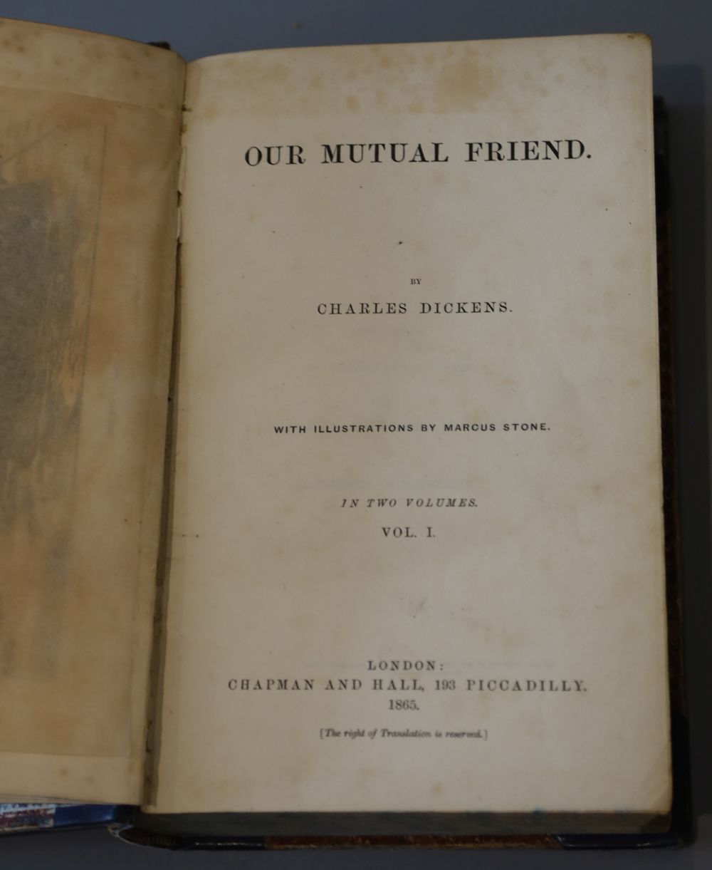 Dickens, Charles - Our Mutual Friend, 1st edition, 2 vols (in 1), frontis pieces and 40 engraved plates (by Marcus Stone), contemporary